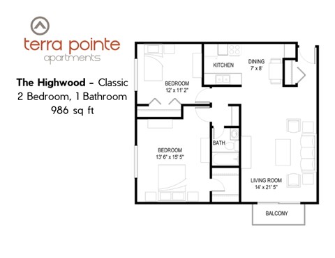 Floor plan for 2 beds, 1 bath, 986 sqft